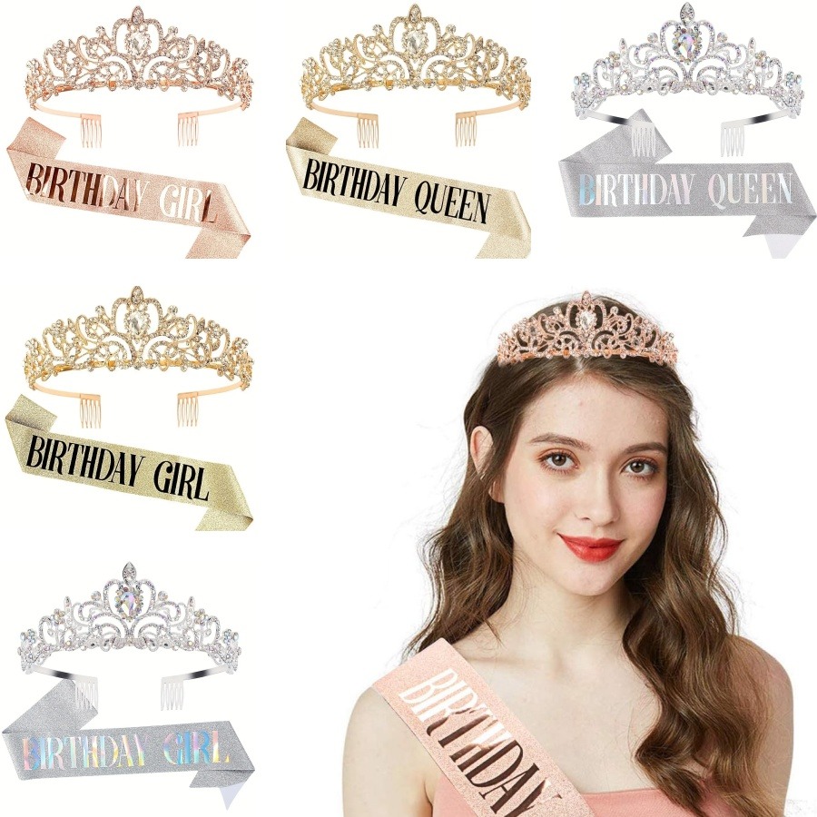 Birthday Sash Glitter - طقم من قطعتين: تاج كريستالي مرصع